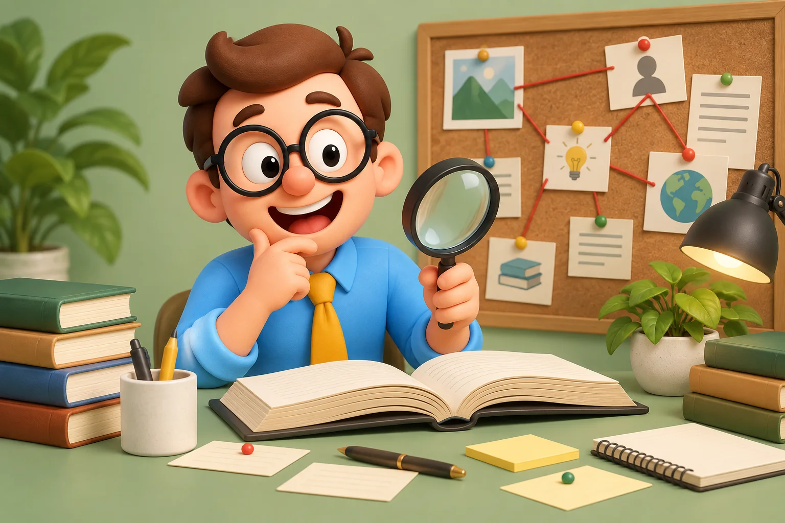 El becario investigador consulta libros y organiza sus fuentes.