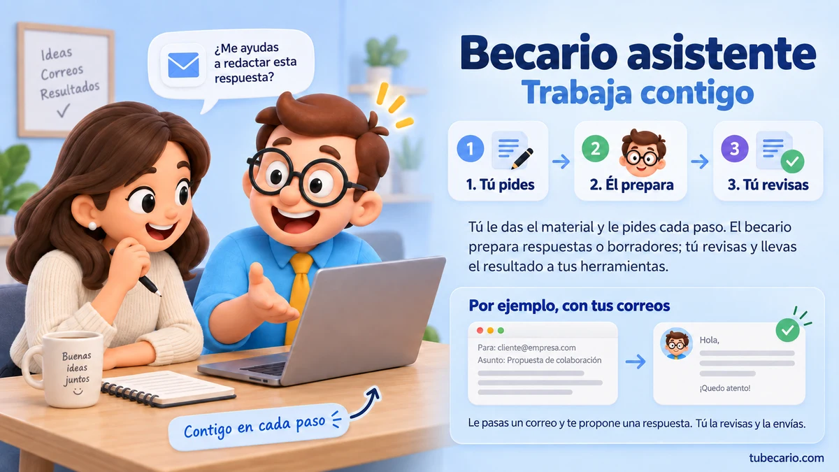 Infografía: el becario asistente trabaja contigo. Tú pides, él prepara y tú revisas, con un ejemplo de correo.