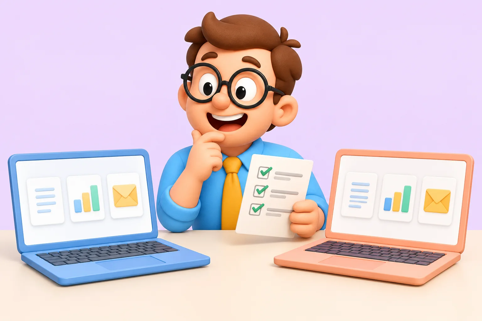 Tu Becario compara dos portátiles y sus resultados con tarjetas de documentos, gráficos y correos.