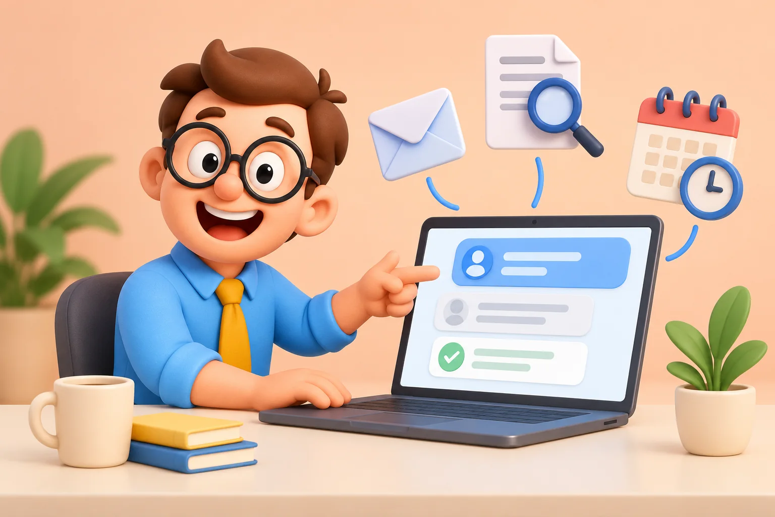 Tu Becario configura un agente mediante una conversación en un portátil, conectado con correo, documentos y calendario.