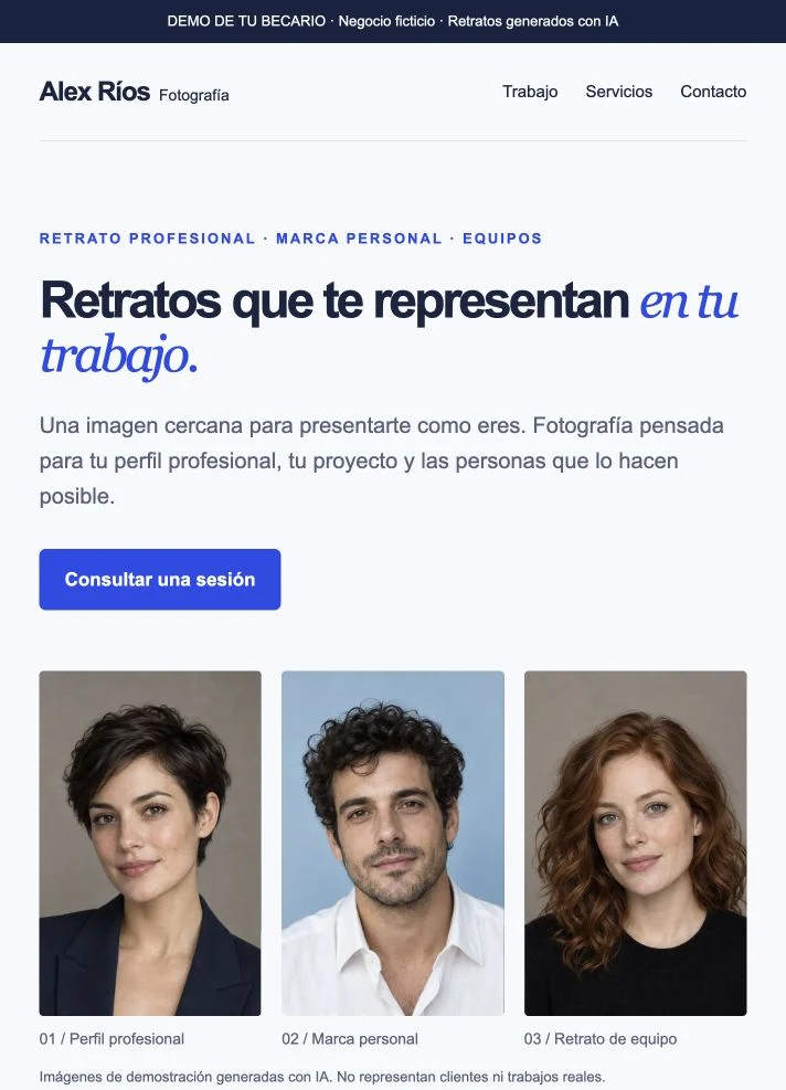 Captura de la web de demostración de Alex Ríos con presentación, botón de consulta y tres retratos de ejemplo.