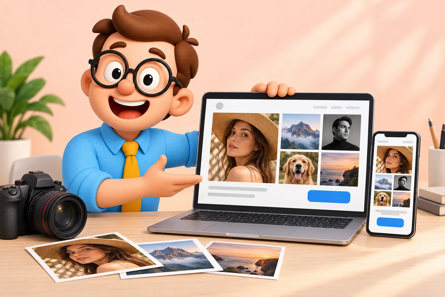 El becario presenta una web de fotografía en un portátil y un móvil, junto a una cámara y varias fotografías.