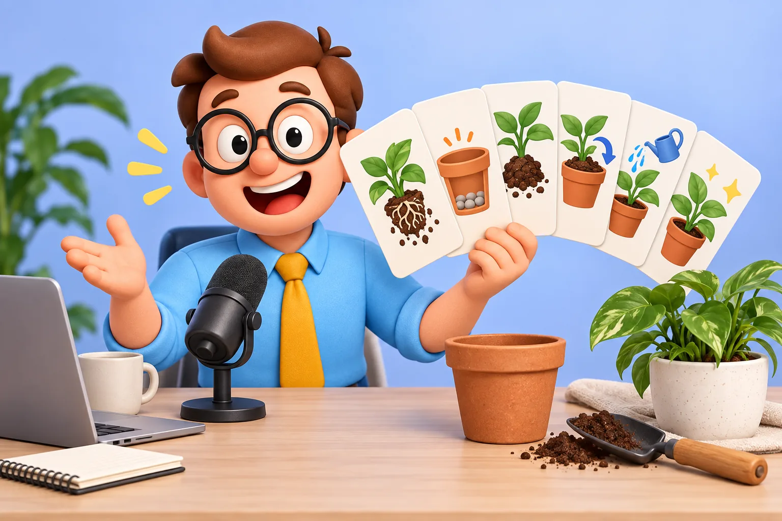 Tu Becario presenta seis tarjetas ilustradas sobre plantas junto a un micrófono y una maceta.
