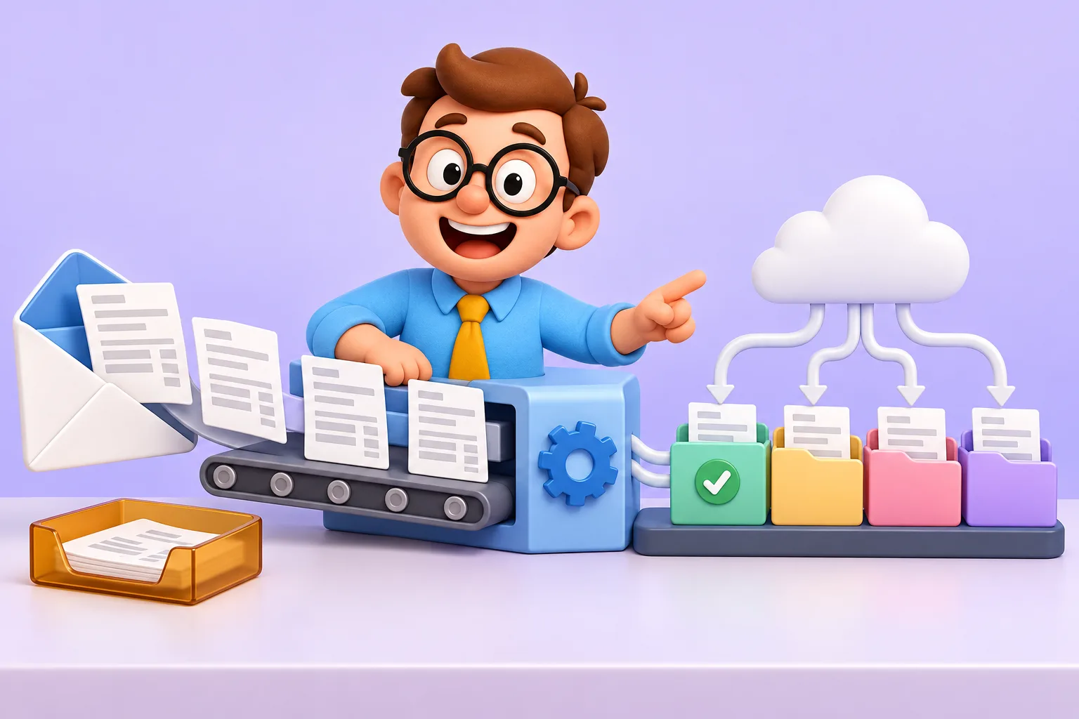 Tu Becario supervisa un circuito automático que lleva facturas desde un sobre de correo a carpetas trimestrales en la nube.