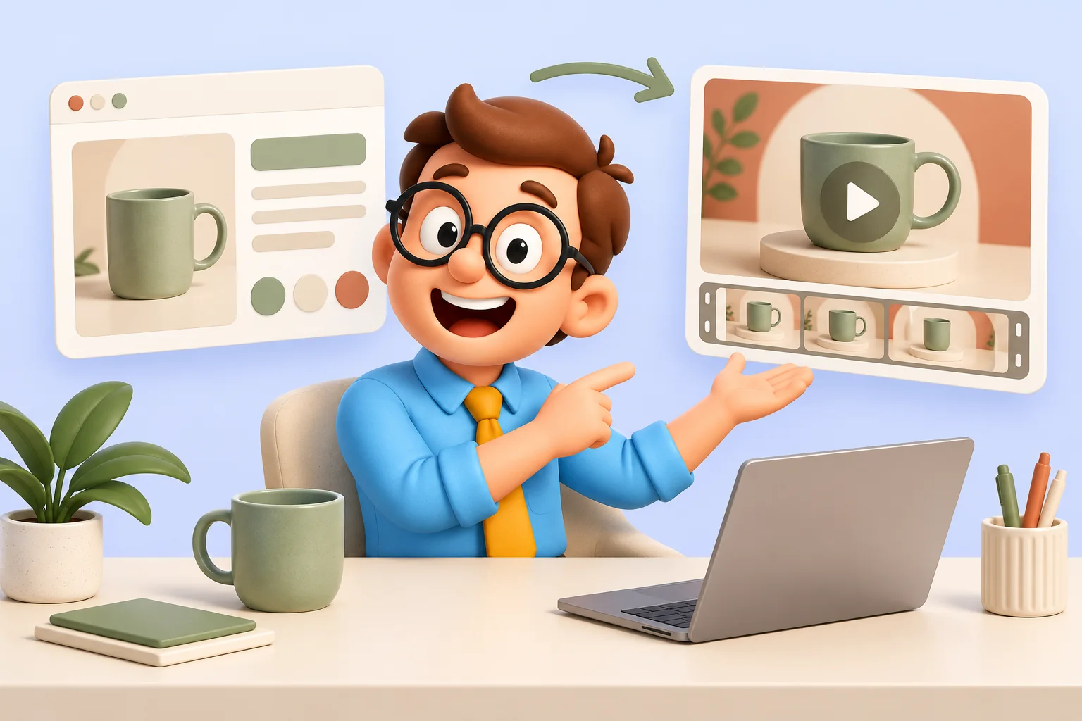 Tu Becario transforma una web con una taza verde y su paleta de colores en una vista previa de vídeo del mismo producto.