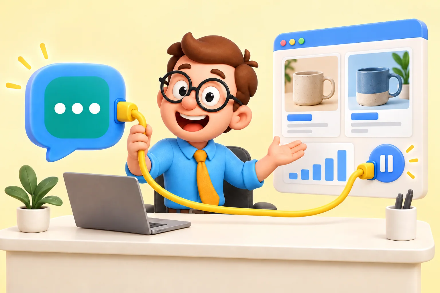 Tu Becario conecta una burbuja de conversación con un panel de anuncios de tazas, gráficos y un control de pausa mediante un cable amarillo.