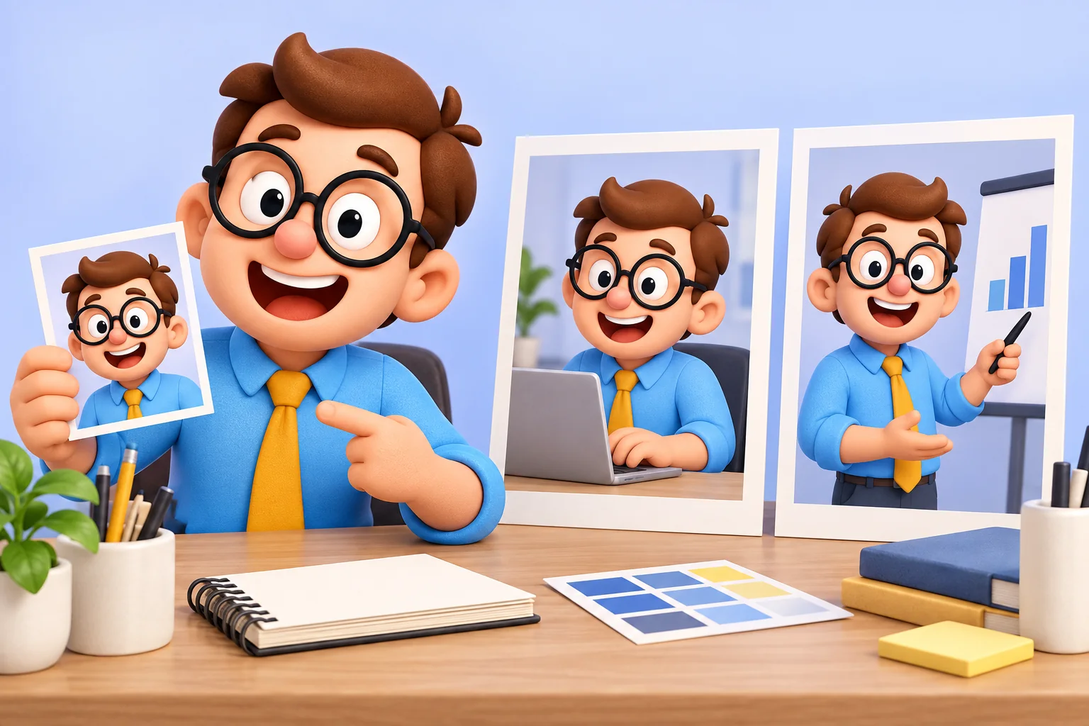 Tu Becario sostiene un retrato de referencia junto a ilustraciones de sí mismo trabajando con un portátil y presentando un gráfico.