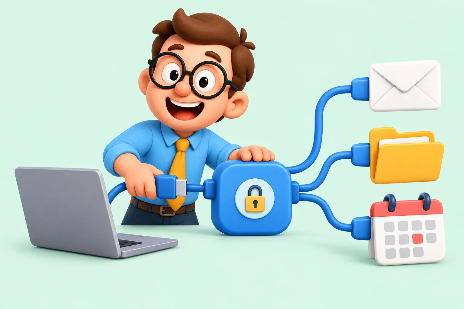 Tu Becario conecta un portátil con correo, documentos y calendario a través de un único hub azul.