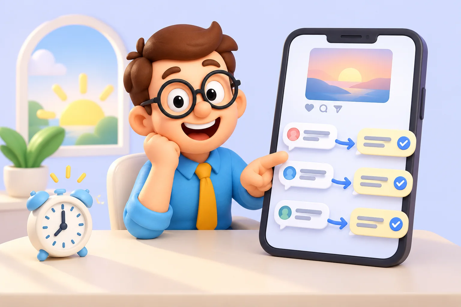 Tu Becario señala un móvil donde tres comentarios se convierten en respuestas con marcas de verificación, junto a un despertador y luz de amanecer.