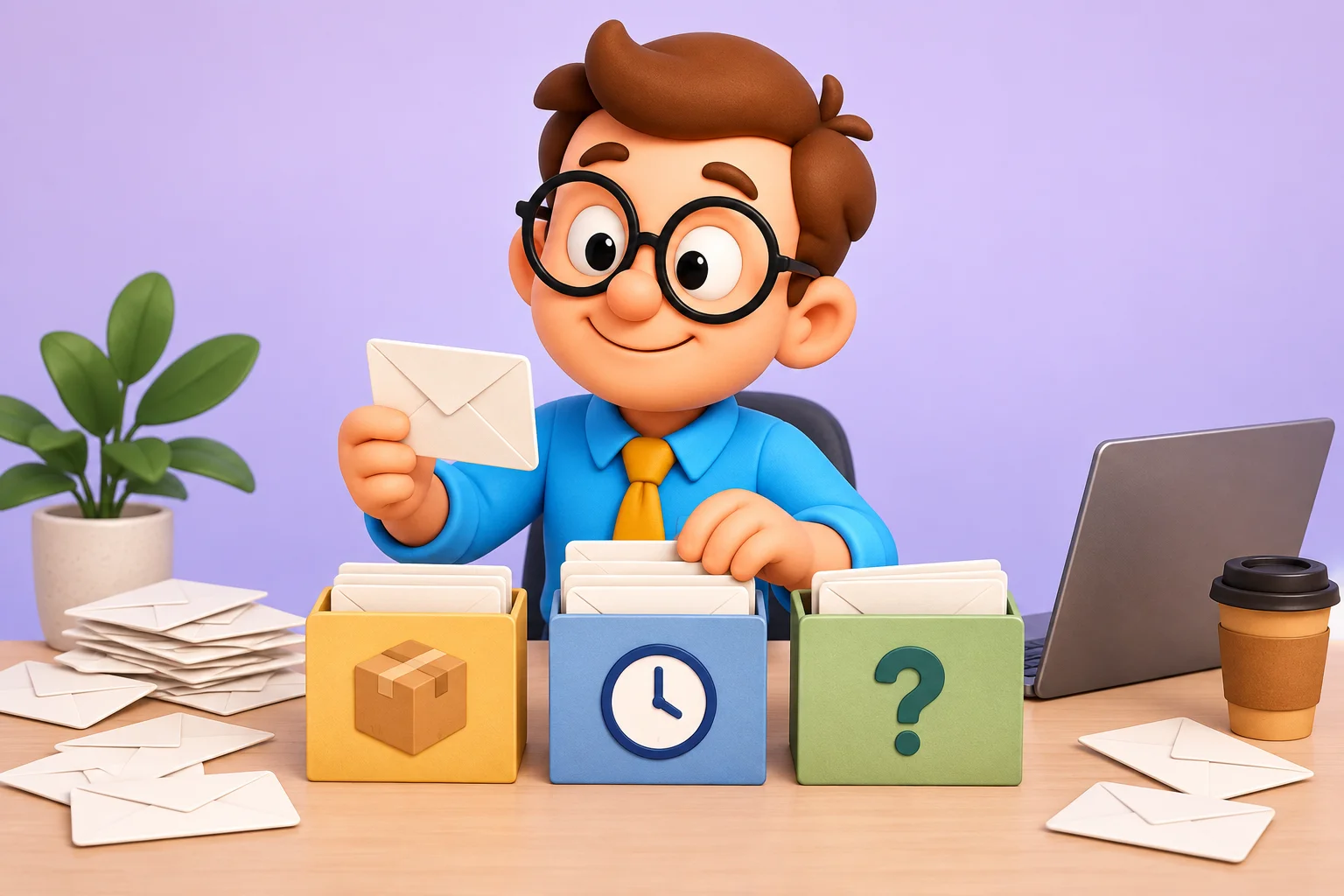 El becario clasifica consultas de clientes en cajas de envíos, plazos y dudas pendientes.