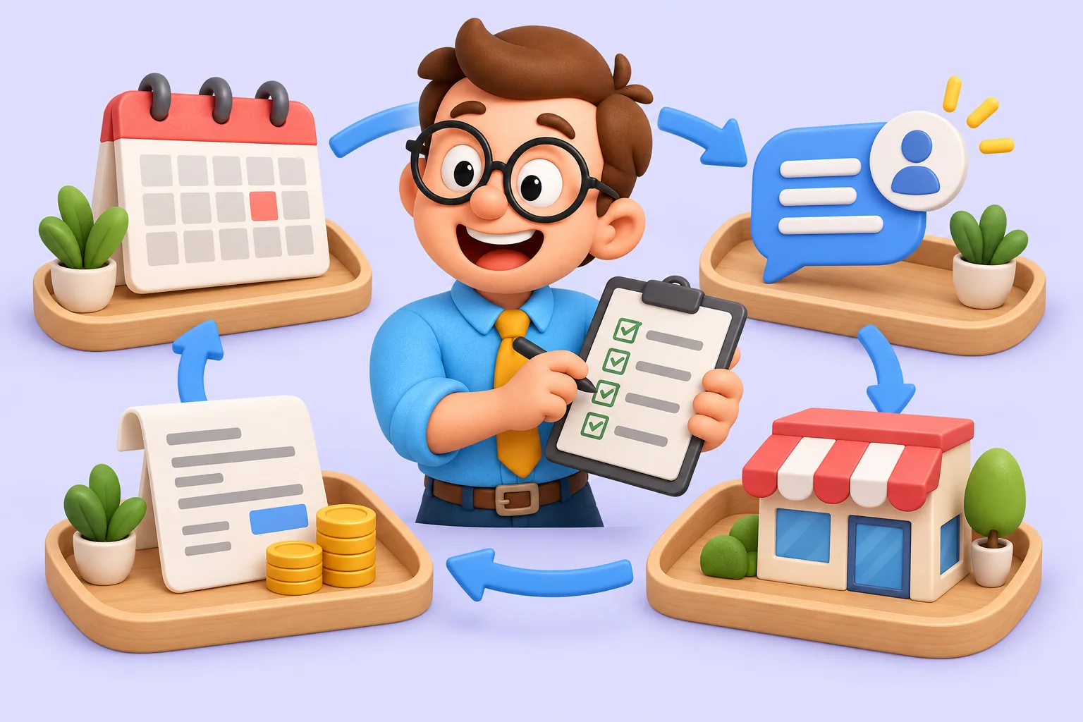 Tu Becario supervisa una mesa de pequeña empresa con calendario, facturas, consultas de clientes y una tienda.