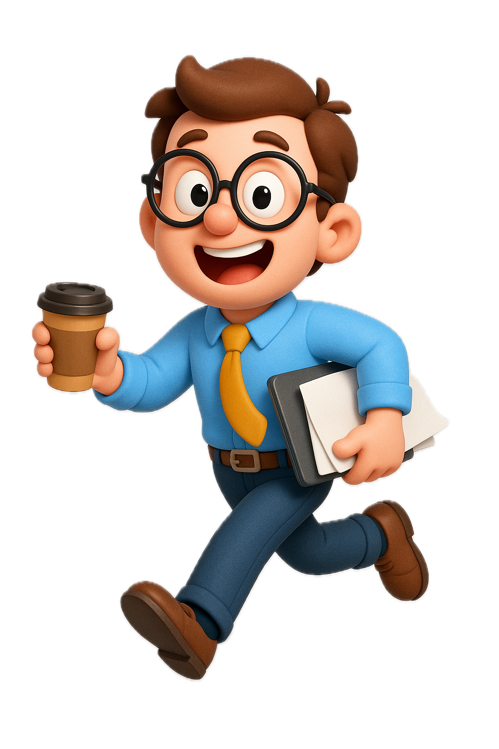 Referencia original de Tu Becario: pelo castaño, gafas redondas negras, camisa azul y corbata amarilla; sostiene un café y una carpeta.